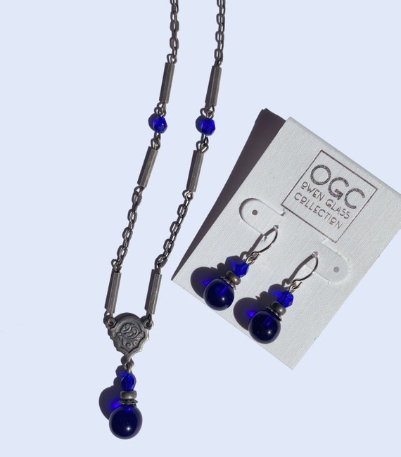 Cobalt Glass Necklace and Earrings Set, Cobalt German Glass Drops with Czech Glass Accents, 16 Inch Necklace, Art Deco, "Hyde Park 3"