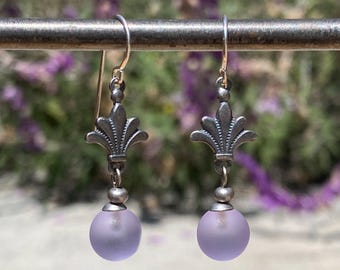 Frosted Lilac Glass Drop Earrings: Silver Filigree, Periwinkle Purple