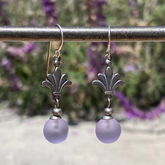 Frosted Lilac Glass Drop Earrings: Silver Filigree, Periwinkle Purple