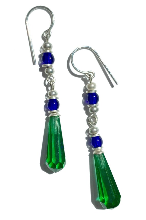 Emerald Chandelier Earrings, Antique Czechoslovakian Emerald Green Glass Prisms, Cobalt Accents, Art Deco Vintage Glass, "Waves 10"
