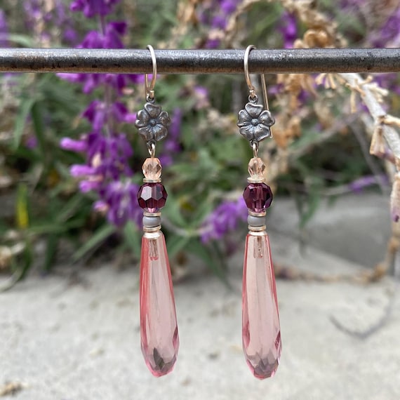 Pink Chandelier Earrings, German Glass Prisms, Amethyst Crystal, Handmade Earrings