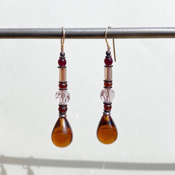 Dark Topaz Earrings, Antique Czech Topaz Drops, Austrian Crystal in Light Amethyst, Frosted Garnet Czech Glass, Art Deco, "Swing Time 40"