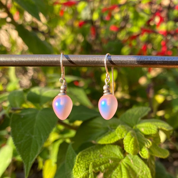 Frosted Pink Earrings, Pastel Pink Frosted German Glass with Iridescent Sheen and Sterling Silver Ear Wires, Dainty Drops, Mini Berries 3