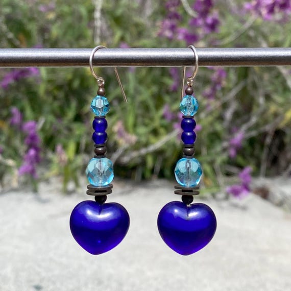Cobalt Heart Earrings, Aqua Czech Glass, Dark Blue German Glass, Art Deco, Rare Glass, Style 440