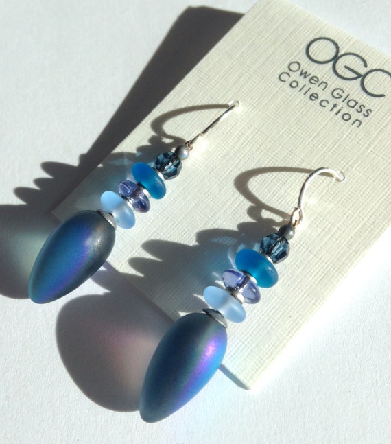 Frosted Deep Indigo Earrings, Blue Iridescent German Glass Drops, Czech Glass, Austrian Crystal, Art Deco, Handmade Earrings, "Tango 66"