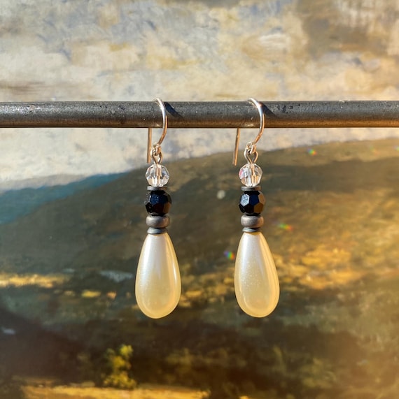 Pearl Drop Earrings: German Glass, Crystal & Sterling Silver