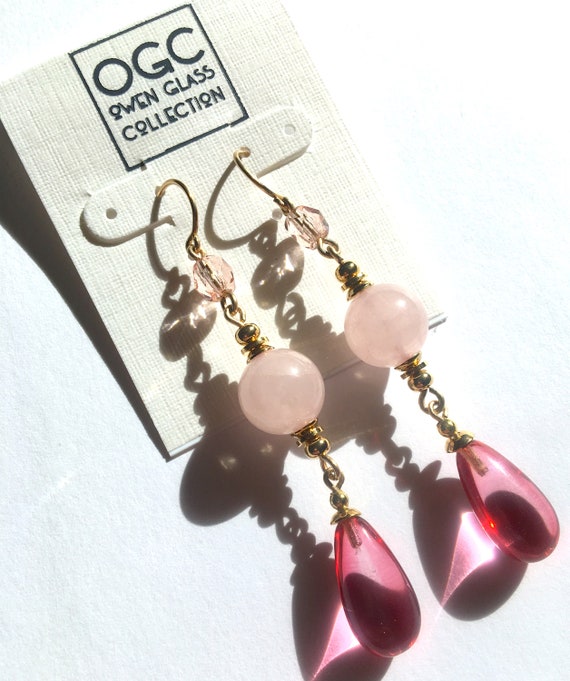 Pink Glass Earrings with Rose Quartz, Czech and German Glass Drop Earrings with 14Karat Gold-Filled Accents, Dangle Earrings, "Riviera 1"