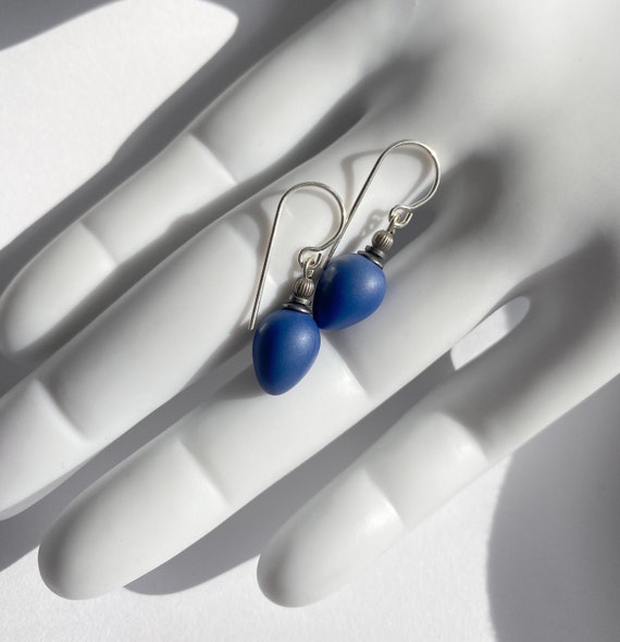 Opaque Blue Earrings, Navy Blue German Glass Drops with Sterling Silver Ear Wires, Dainty Drops, Handmade Earrings, Mini Berries 17
