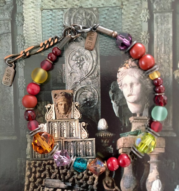 Crystal Bracelet, Earth Toned Beaded Bracelet, Austrian Crystal and Czech Glass, Topaz, Garnet, Olivine and Amethyst Accents, "Whistles"