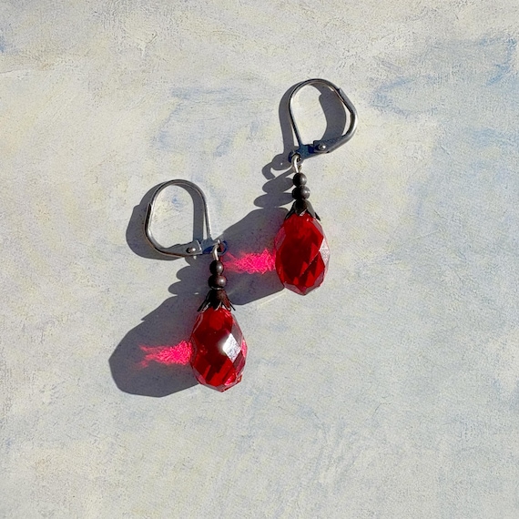 Red Czech Glass Dangle Earrings: Antique Glass, Bronze