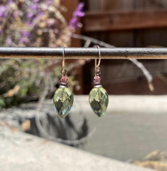 Peridot German Glass Drop Earrings, Light Pink Austrian Crystal, Sterling Silver