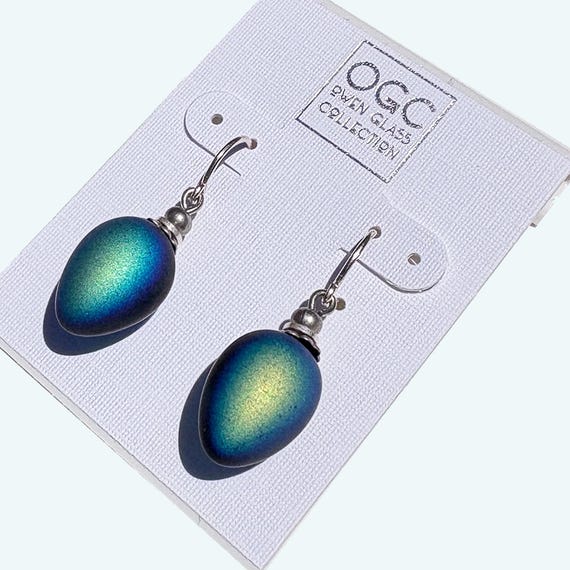 Frosted Jet Black Iridescent Earrings; German Glass, Art Deco, Silver
