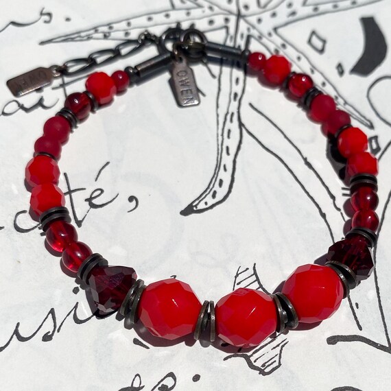 Red Beaded Bracelet, Shades of Red and Garnet Czech Glass and Austrian Crystal, Rare and Vintage Glass, Bronze, "Siam Tones"