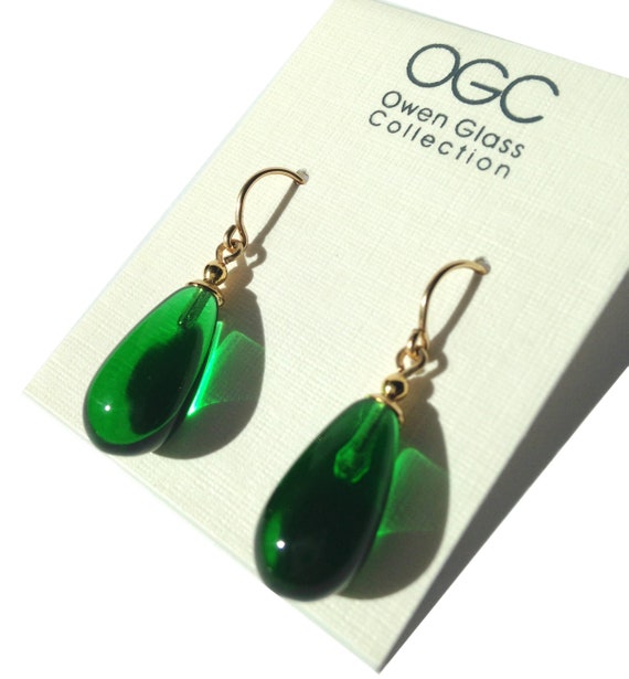 Emerald Green Glass Earrings, Bright Green German Glass Drops with 14 Karat Gold Filled Ear Wires, "Brights 15"
