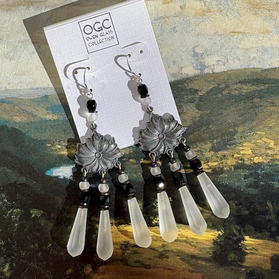 Frosted White Czech Glass Prism Earrings, Art Deco Chandelier Style