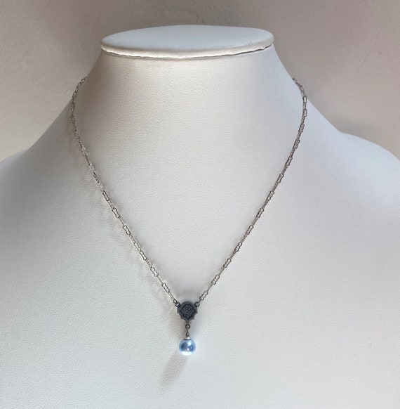 18 Inch Light Blue Crystal Pearl Pendant Necklace, Sterling Silver Crinkle Cut Chain, Pastel Blue Crystal Pearl, "Clouds 42"