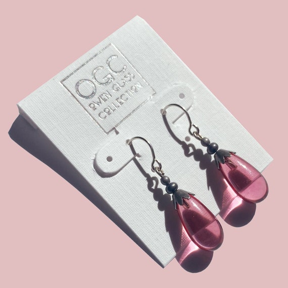 Pink Glass Earrings, German Glass with Silver Wires, Handmade Earrings, Dainty Drop Earrings, Antiqued Silver Trim, "Silver Brights 3"