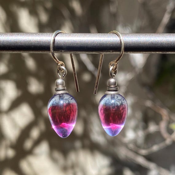 Two-Toned Glass Earrings, Dark Pink and Light Sapphire Color Mixed Glass, German Glass, Dainty Earrings, Handmade, "Colors 1"