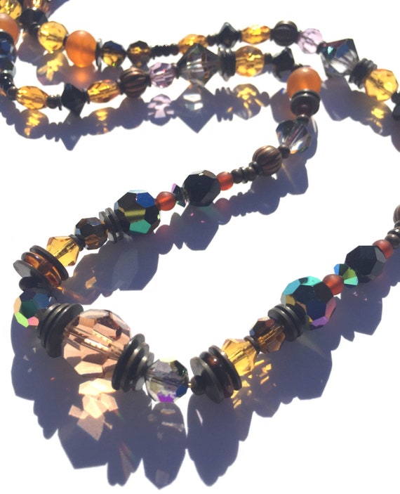 24 Inch Crystal Necklace, Smoke Topaz, Garnet, Topaz and Jet Austrian Crystal and Czech Glass, Art Deco, Handmade Necklace, "Black and Tan"