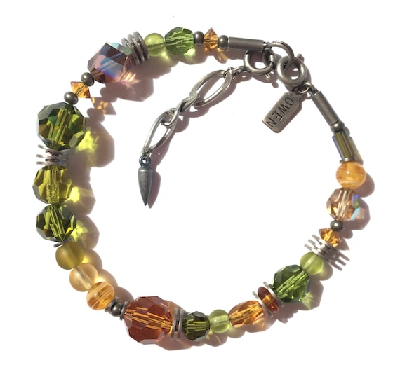 Crystal Bracelet, Bright Topaz and Citrus Green Austrian Crystal, Antique Czech Glass, Antiqued Silver or Bronze Accents, "Grass Roots"