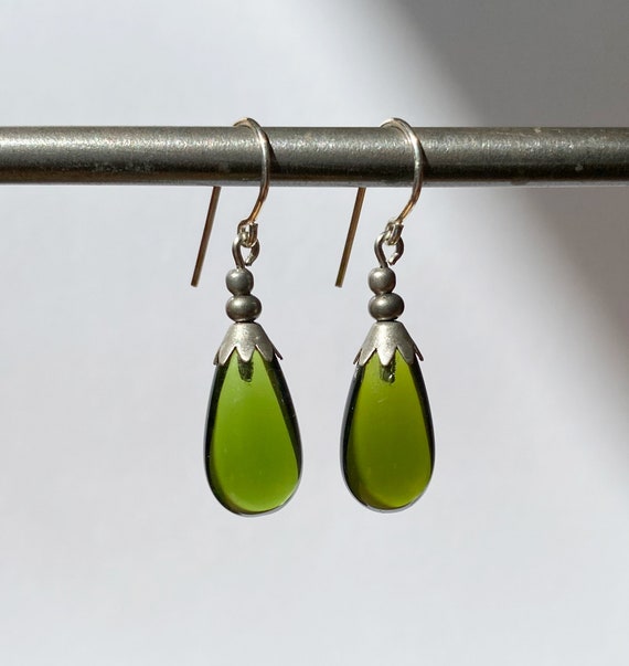 Moss Green Glass Earrings, German Glass with Silver Wires, Handmade Earrings, "Silver Brights 42"