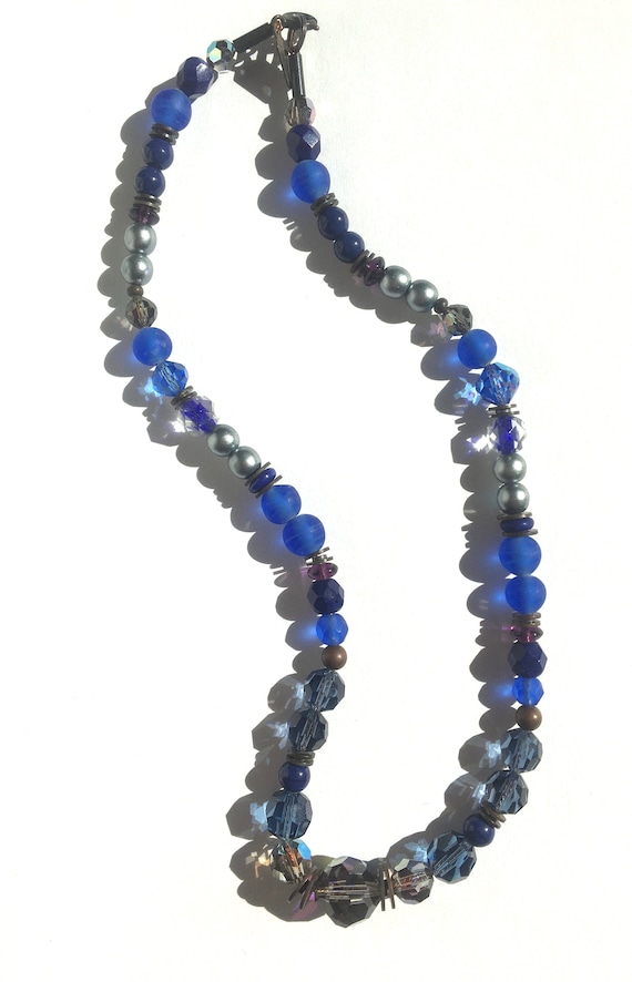 15 Inch Choker Necklace, Cobalt, Sapphire Czech Glass and Austrian Crystal, Silver Coated Glass Pearls, Iridescent Crystal, "Blue Moon"
