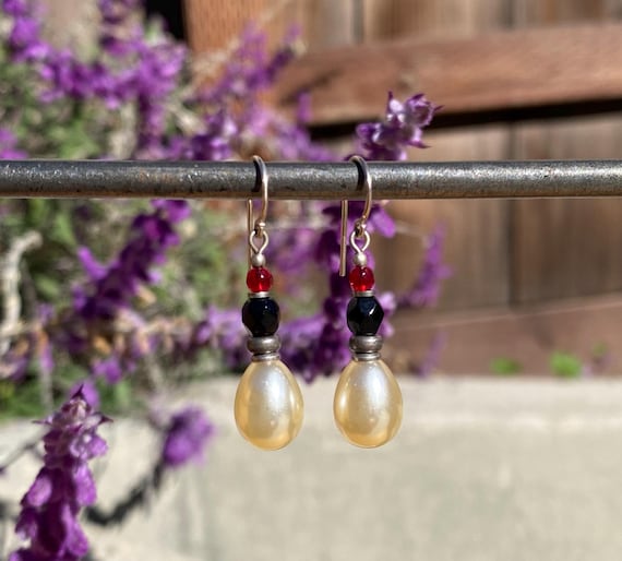 Pearl Drop Earrings: Red & Black Czech Glass, Sterling Silver