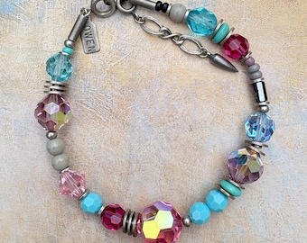 Pink & Turquoise Crystal Beaded Bracelet: Czech Glass, Antiqued Silver