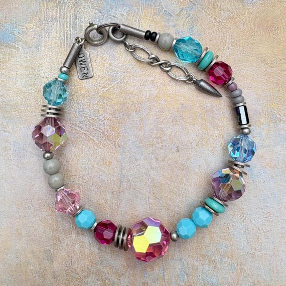 Pink & Turquoise Crystal Beaded Bracelet: Czech Glass, Antiqued Silver