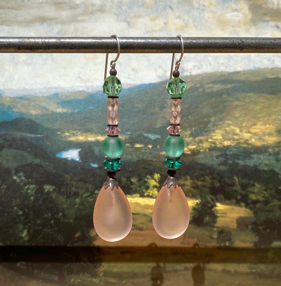 Frosted Peach Glass Earrings: Czech, German Glass & Austrian Crystal
