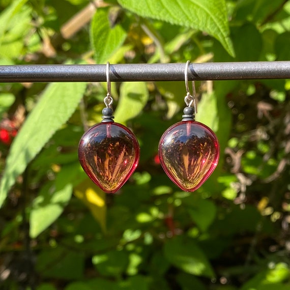 Pink Glass Earrings, German Glass, Deep Rose Drops, Bronze Accents, Handmade in the USA, "Almonds 5"