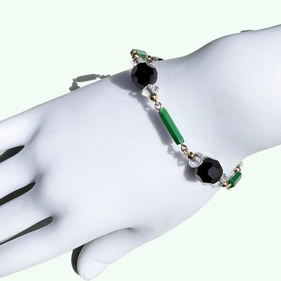 Jet Crystal Bracelet; Antique Czech Green & Clear Glass, Gold, Art Deco
