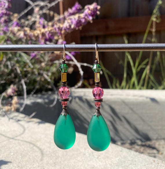 Frosted Teal Earrings, Green Glass with Pink, Peridot and Yellow Accents, Austrian Crystal, German and Czech Glass, Style 364