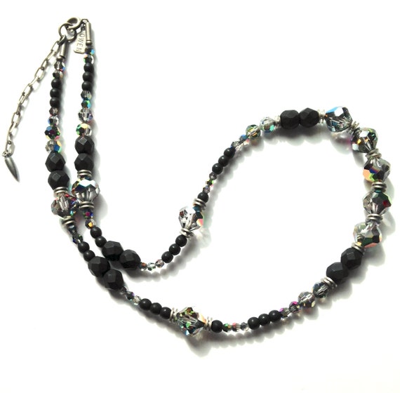 20 Inch Necklace, Jet and Crystal, Czech Glass, Austrian Crystal, Iridescent Beaded Necklace, Art Deco, "Jet Tones"