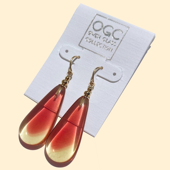 Dangle Earrings, 2 Toned Pink and Light Yellow Glass, German Glass, Art Deco Drop Earrings, Handmade, Gold Earrings, "Lights 26"