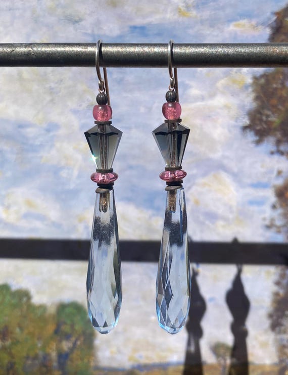 Light Sapphire Chandelier Earrings: Blue Prism Glass, Czech Pink Accents