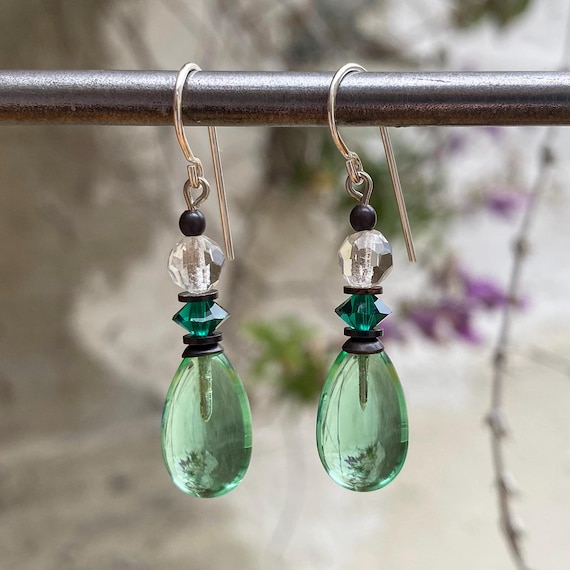 Peridot Drop Earrings, Mint Green Drop Earrings with Emerald Austrian Accents, Antique Czech Glass Top Beads, Bronze Trim, "Raindrops 69"
