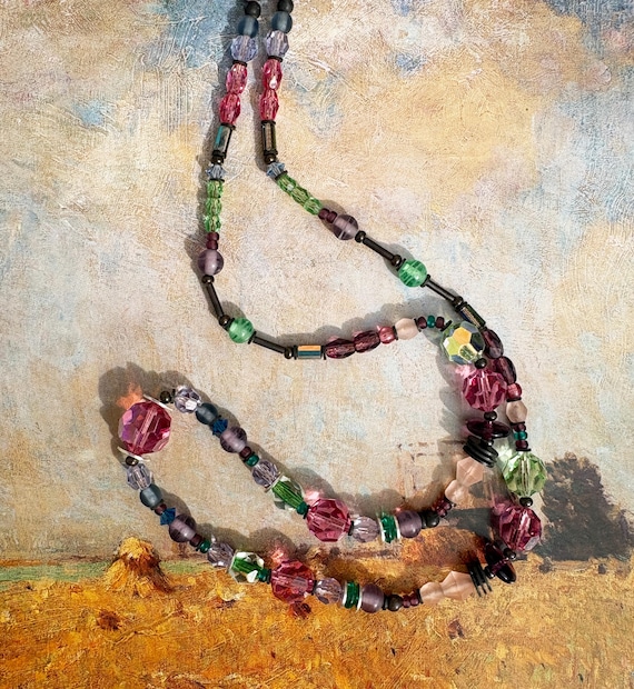 Crystal Beaded Necklace, Pink Peridot Aquamarine, Antiqued Bronze, 24 Inch