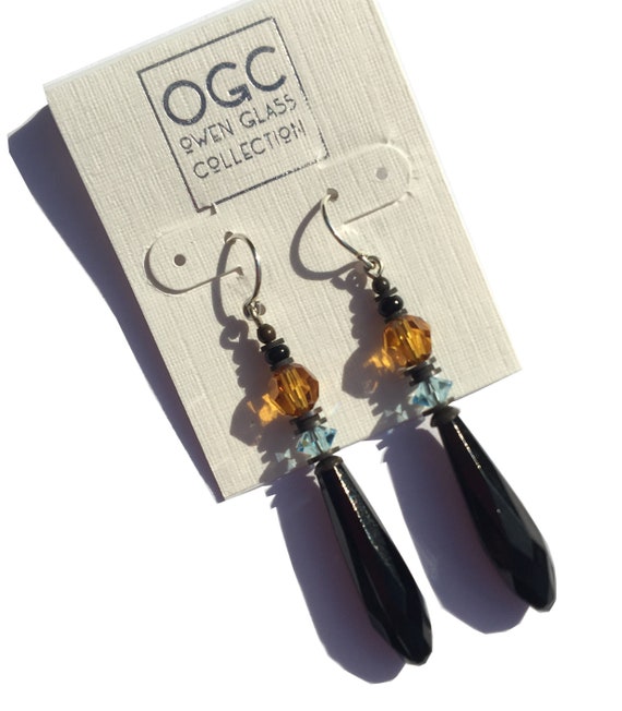 Jet Chandelier Earrings, Black Glass Prism Earrings with Topaz and Light Aquamarine Austrian Crystal Accents, Antique Bronze, "Jet Revival"