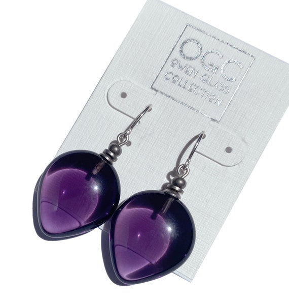 Amethyst Glass Earrings, German Glass, Smooth Purple Glass Drops, Rare Glass, Handmade in the USA, "Almonds 1"