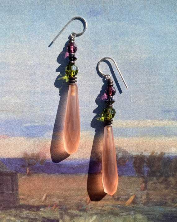 Frosted Peach Chandelier Earrings: German Glass, Austrian Crystal, Bronze