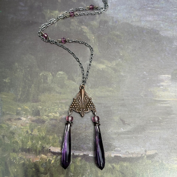 Antique Czech Glass Pendant Necklace; Crystal Accents, Art Deco, Handmade