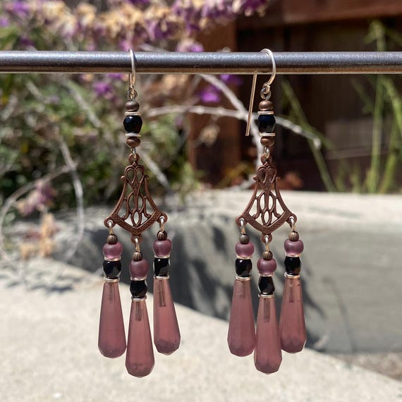 Amethyst and Jet Chandelier Earrings, Frosted Antique Czech Glass Amethyst Prisms, Jet Czech Glass, Antiqued Copper Filigree, "Style 84"