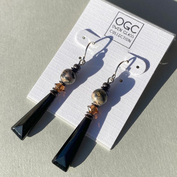 Jet Glass Earrings, Rare Glass, German Glass and Austrian Crystal, Tiger Jasper Focal Beads, Bronze Accents, "Fauna 11"