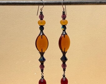 Topaz Shoulder Duster Earrings; German Glass, Austrian Crystal, Bronze