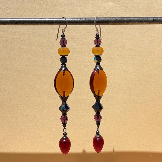 Topaz Shoulder Duster Earrings; German Glass, Austrian Crystal, Bronze