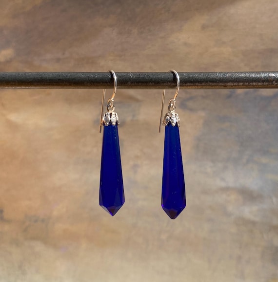 Vintage Cobalt Czech Glass Earrings: Sterling Silver, Handmade USA