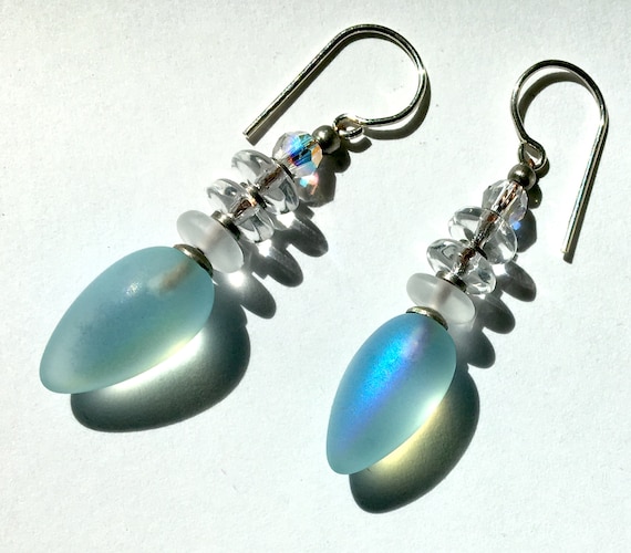 Aquamarine Earrings, Frosted Aqua Earrings with Iridescent Sheen, Austrian Iridescent Crystal Beads, Czech Glass, Pastel Blue, "Tango 49"