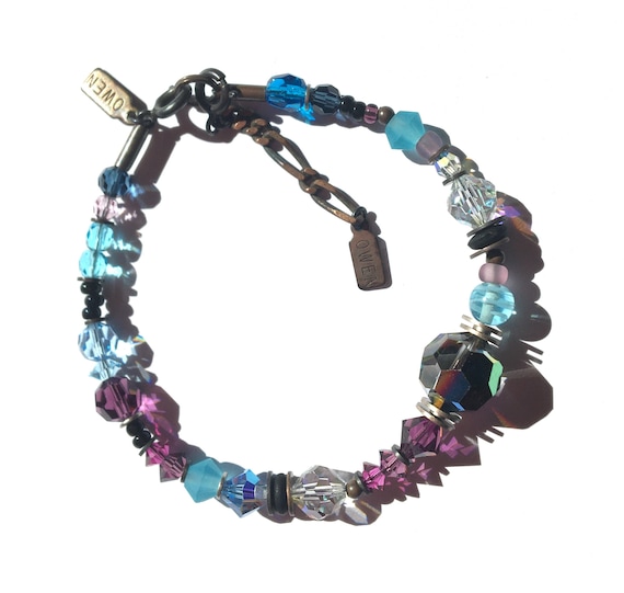 Crystal Bracelet, Amethyst, Jet and Aquamarine Austrian Crystal and Antique Czechoslovakian Beaded Bracelet, Art Deco, "Remember Louis XIV"