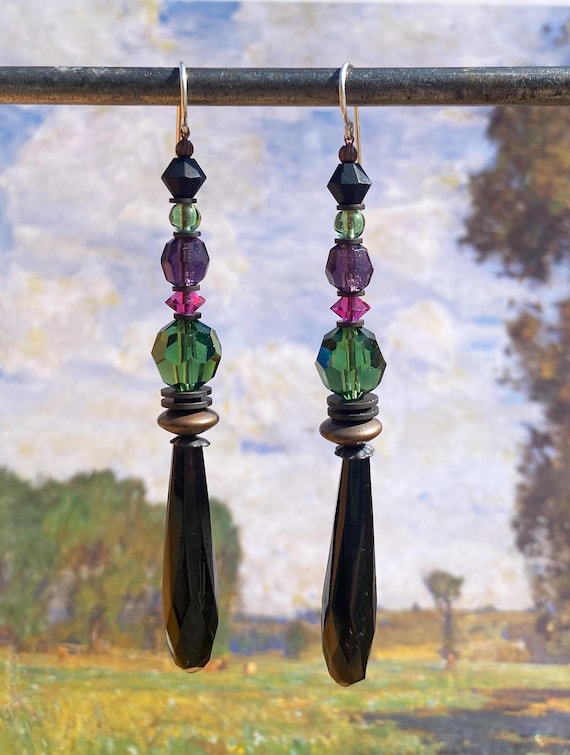 Jet Czech Glass Chandelier Earrings: Antique Austrian Crystal and Czech Glass, Bronze Accents, "Heavy Breathing"